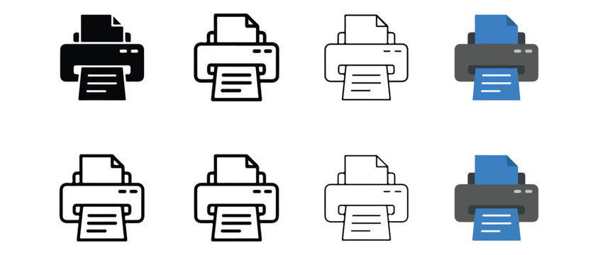 Set of printer icons in various styles and colors isolated on transparent background perfect for digital design projects