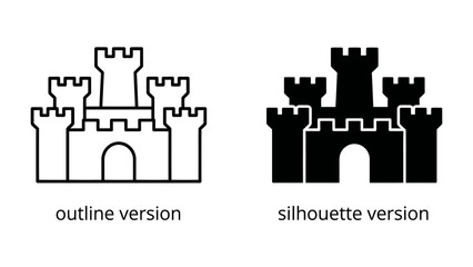 Castle Icons: A graphic representation of a castle in both outline and silhouette versions, showcasing classic fortifications and architectural design elements. © afra