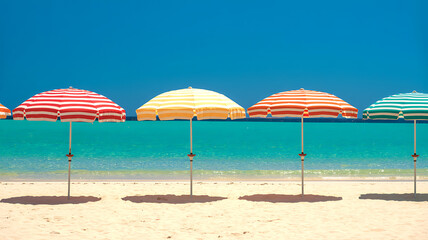 Fototapeta premium Colorful beach umbrellas standing in a row on the sandy shore by the turquoise ocean water under a clear blue summer sky during a bright sunny day at a popular tropical vacation resort