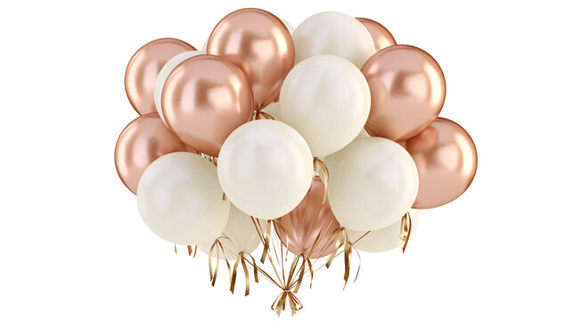 Rose gold and cream balloons with gold ribbons