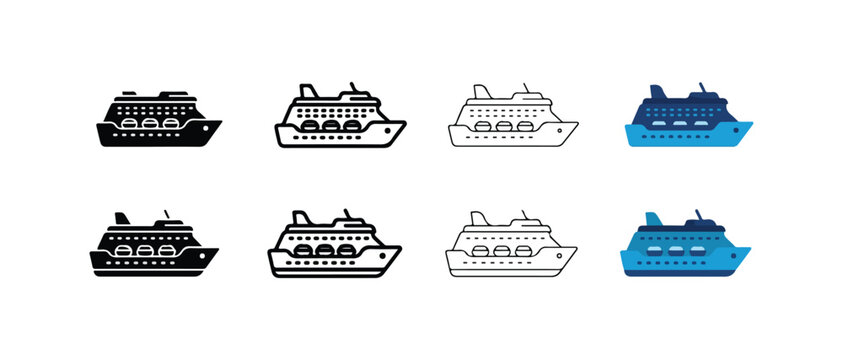 cruise ferry and passenger ship icons in various colors and line styles isolated on transparent background