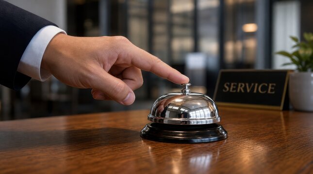 A hand in a business suit is pressing a service bell on a wooden counter with a "SERVICE" sign in the background.