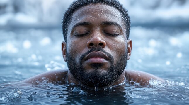 A man with closed eyes relaxes calmly in icy water, surrounded by floating ice cubes.