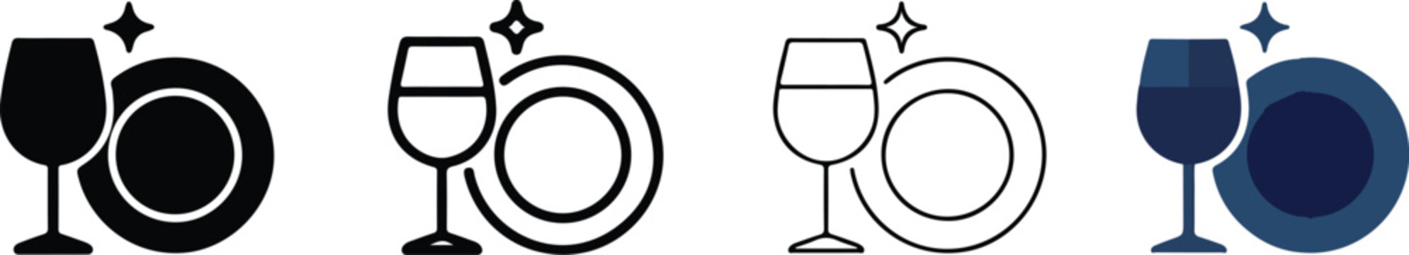 wine glass icons with plate and sparkling star effects for food beverage and dining design projects