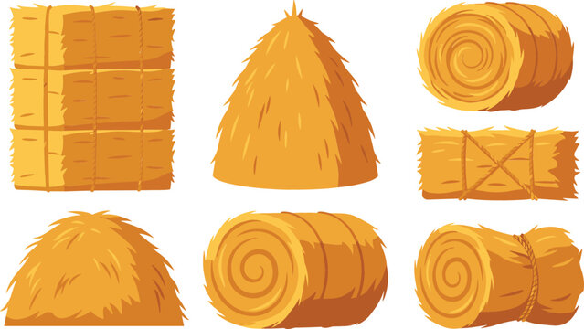Golden hay bales and haystacks vector set featuring round rolls square blocks and stacks for autumn harvest countryside agriculture farm design.