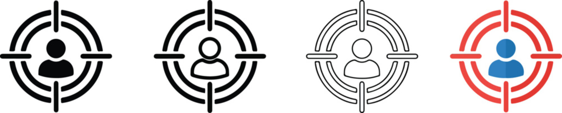 Target icons with human silhouette figures in different color styles for digital design and user interface projects