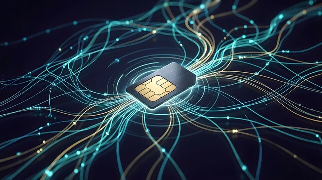 Multiple flowing lines connected to SIM chip representing network traffic and digital communication systems.