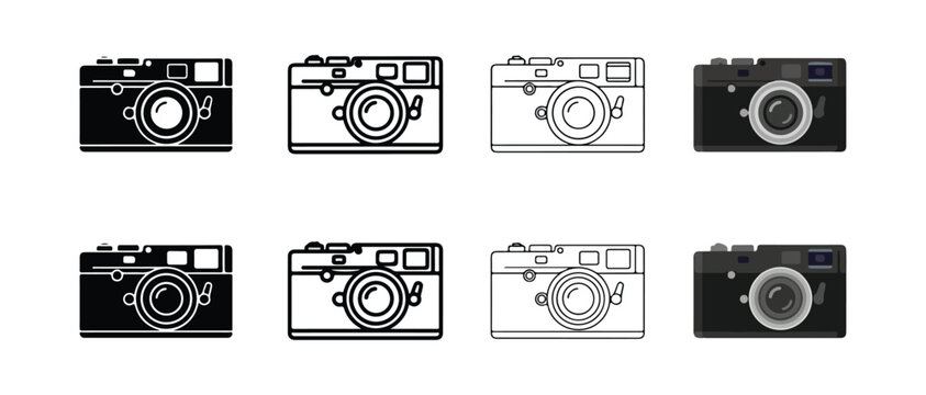 film cameras collection with various designs and lens views isolated on transparent background