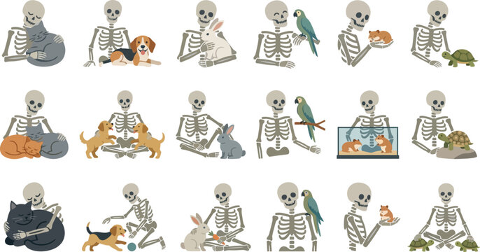 Collection of human skeletons interacting with various cute domestic pets in flat style Vector