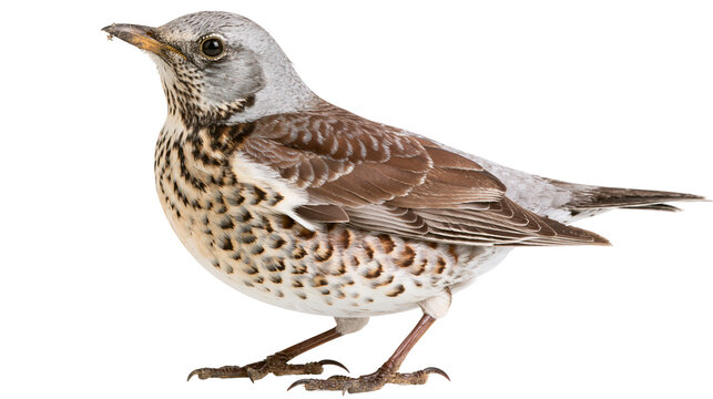 Fieldfare bird with speckled chest and brown wings