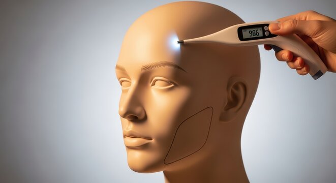 Forehead Temperature Measurement Using Digital Thermometer on Mannequin Head for Healthcare Concept