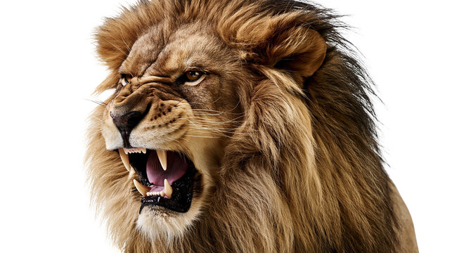 Lion roaring with open mouth and sharp teeth