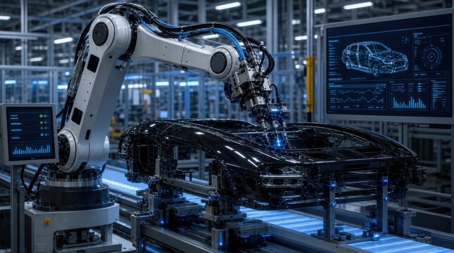 A robotic arm assembles a sleek car frame in a high-tech, automated manufacturing facility with data analytics displayed on surrounding monitors.