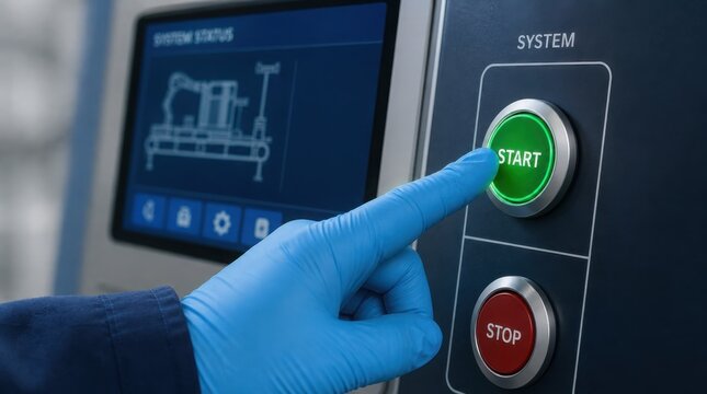 A gloved hand presses a green "START" button on a machine control panel with a screen displaying system status.