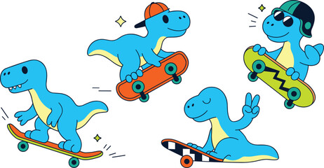 Cute Blue Dinosaur Kids Skateboarding Character Set with Fun Cartoon Reptile Mascots Performing Skateboard Tricks for Children's Designs and Stickers © Anowara
