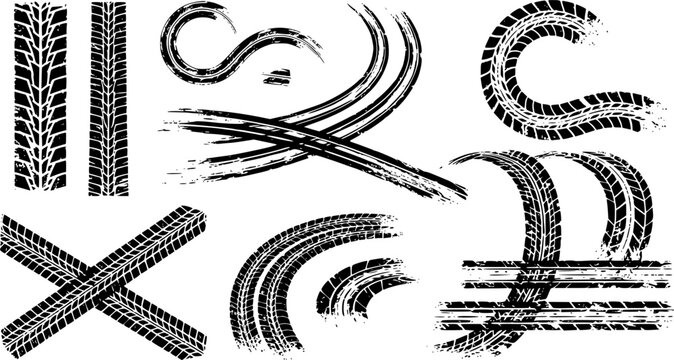 Tire tread marks after skidding, launch, drift, powerslide in motorsport, rally, off-road, motocross. Wheel texture with splash effect. Vector, transparent EPS version.
