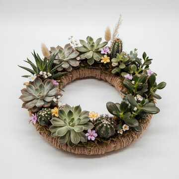 watercolor succulent pland and flower bouquet wreath frame isolated on white background