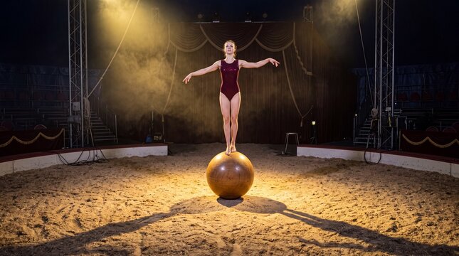 Junge Zirkusartistin balanciert barfu&szlig; auf einer gro&szlig;en Holzkugel in der Manege in der Totale
