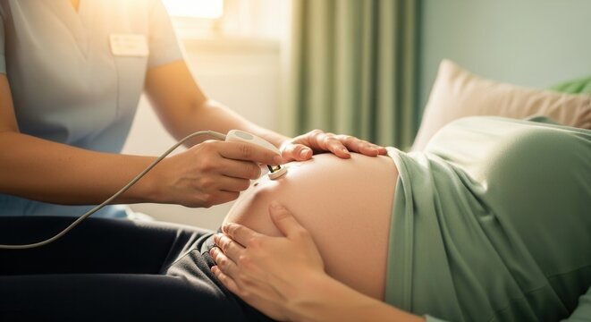 Doctor performing ultrasound on pregnant belly during prenatal check-up, close-up shot