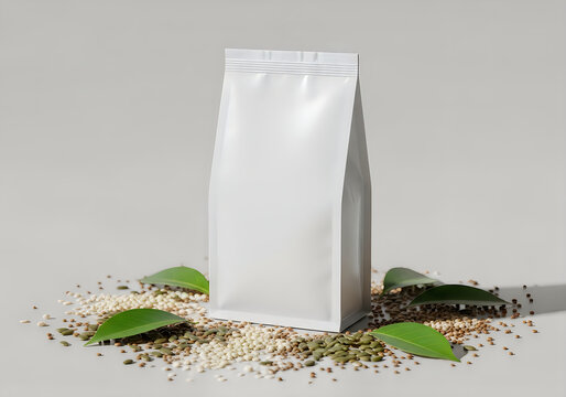 Blank white pouch packaging for seeds or grains on light background with green leaves