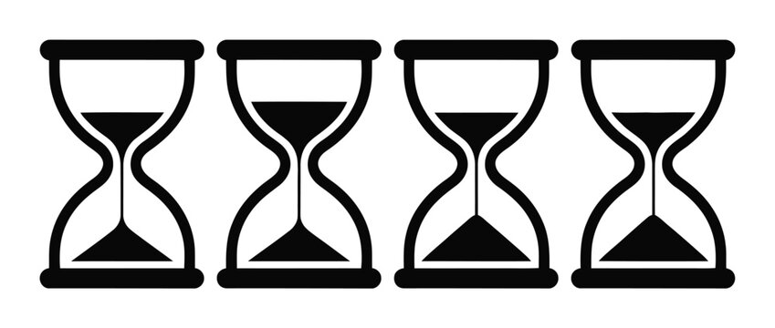 Cuatro relojes de arena negros que representan diferentes etapas del paso del tiempo