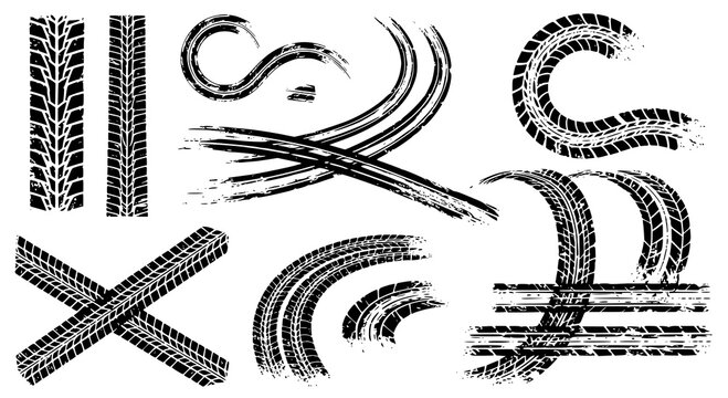 Tire tread marks after skidding, launch, drift, powerslide in motorsport, rally, off-road, motocross. Wheel texture with splash effect. Vector, JPEG version.