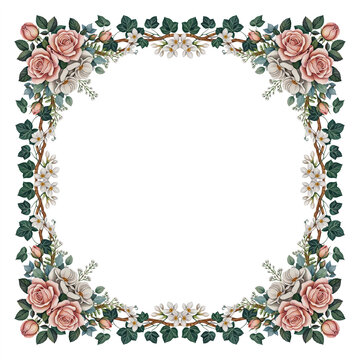 Square floral frame with pink roses and ivy on white border