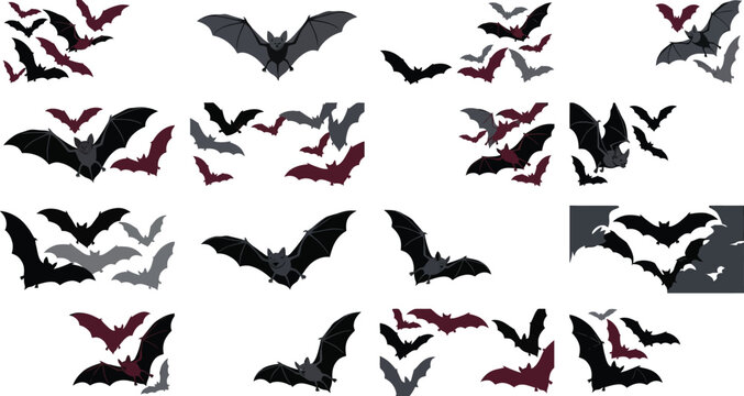 Set of black and red bat silhouettes flying in different poses for spooky halloween designs Vector