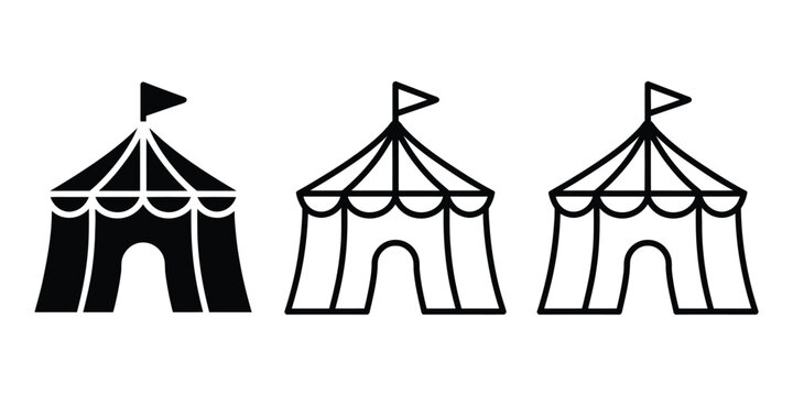 Circus tent icon set, flag silhouette, outline and line art symbols for carnival