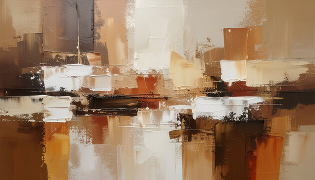 An abstract painting features a dynamic composition of warm earth tones and stark white strokes, creating a textured and visually engaging artwork.