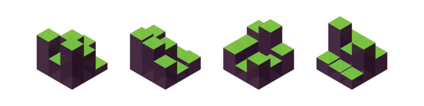 Abstract isometric stacked blocks in green and dark purple, illustrating structure and development.
