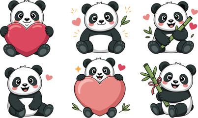 Fototapeta premium Cute Panda Collection with Heart, Bamboo, and Adorable Cartoon Bear Characters for Valentine's Day, Nursery, and Kids Vector Designs