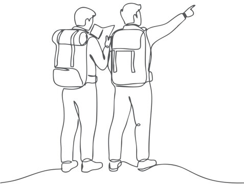 Continuous one line drawing of two backpackers reading a map and pointing the way during outdoor adventure, minimalist outline illustration representing hiking, trekking, navigation, teamwork.