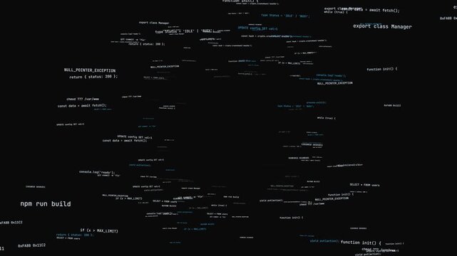 Programming code snippets floating in digital void with white text script for web development and software engineering background.