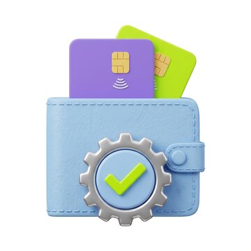 3D illustration of a blue wallet with credit cards and a gear with checkmark symbol