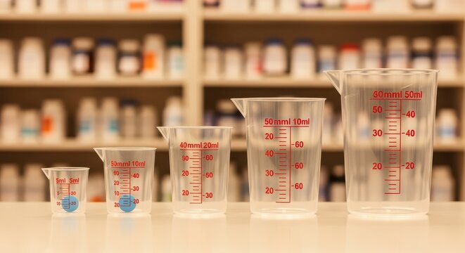 Group of five clear plastic measuring cups with red volume markings arranged by size on a reflective surface, pharmacy shelves in background