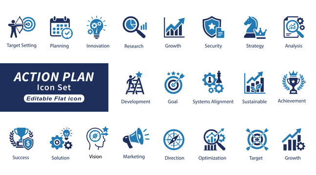 Action plan and business strategy solid icon set. Includes symbols for Terget, Milestone, Planing, and Solution ,Growth Strategy . Solid vector icons for project management .