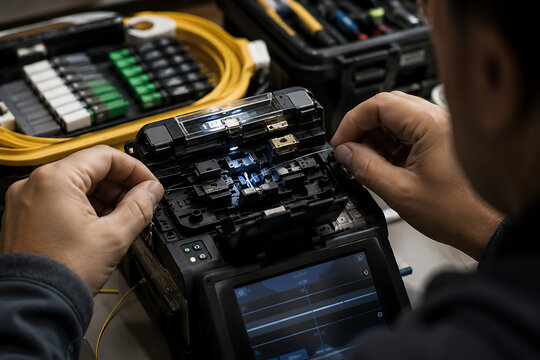 Fiber optic technician performing precision fiber fusion splicing