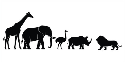 Silhouettes of african safari animals lined up against a white background: giraffe, elephant, ostrich, rhinoceros, and lion © Ariful
