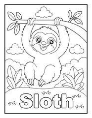 Fototapeta premium Sloth Hanging in a Tree Coloring Page with Sloth Word for Kids. Simple Educational Coloring Book Illustration.