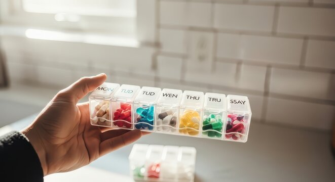 Hand holding a daily pill organizer filled with colorful pills and vitamins for medication management