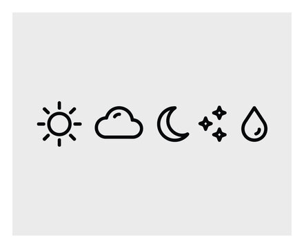 Conjunto minimalista de clima y naturaleza con sol, nube, luna, estrellas y gota de lluvia