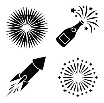 Conjunto de elementos en blanco y negro para celebrar con fuegos artificiales y champ&aacute;n