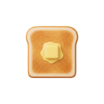 Cute 3D rendered slice of toasted white bread with a square piece of melting golden butter isolated on transparent background for morning breakfast food design