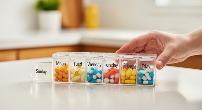 Hand organizing colorful pills and capsules in a weekly pill organizer for daily medication management on a clean countertop.