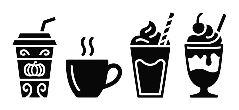Conjunto de siluetas negras con varias bebidas de caf&eacute; y postres