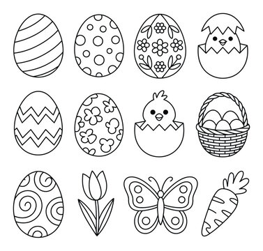 Conjunto de lindos huevos de Pascua, pollitos y primavera para colorear