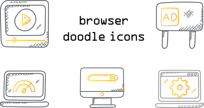 Browser doodle icon set. Hand drawn sketch media video player, advertisement banner block. Laptop performance speedometer gauge, desktop search bar, browser settings gear,modern UI web design tech app