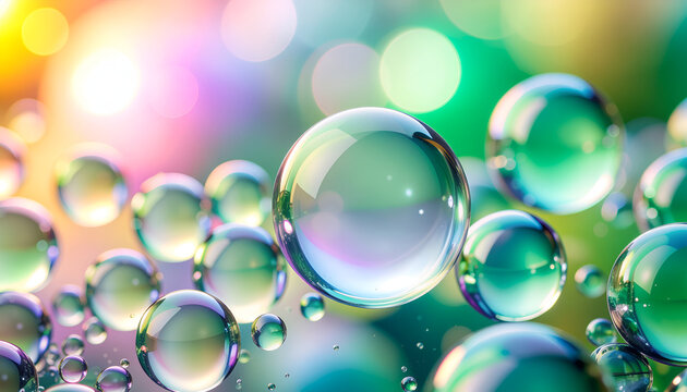 A mesmerizing close-up showcases a cluster of iridescent soap bubbles reflecting a vibrant spectrum of colors against a blurred, bokeh-filled background.