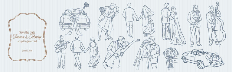 Plakat Vintage wedding couple clipart set.Whimsical crayon drawn doodle sketches with brides, grooms, musicians.Whimsical valentine elements with textured wax chalk ink outlines for save the date invitations